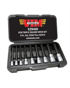 VIMXZN400 image(0) - VIM Tools XZN Triple Square Long Bit Set 9 Piece Set, XZN4 Thru XZN18 Drivers, Black S2 Drive Bits with Ni-Cr Bit Holders 4 Inch Long, Packaged In A Blow Mold Box with Window. VIM Brand with Color Sleave