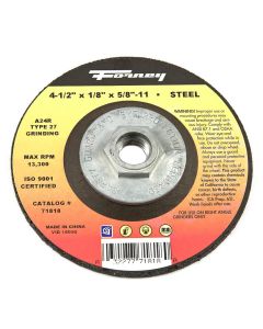 Forney Industries Grinding Wheel, Metal, Type 27, 4-1/2 in x 1/8 in x 5/8 in-11