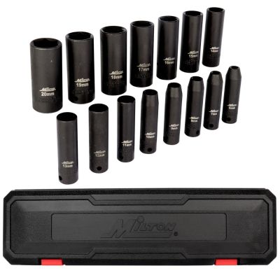 MIL1300-SS-O2 image(0) - Milton Industries 15pcs 3/8 Dr. 6-20MM Deep Socket Set