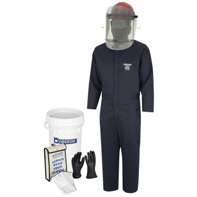 OBRZCF349-10 image(0) - Oberon OBERON™- 12 Cal HRC2™ Electric Vehicle Arc Flash & Shock Kit: TCG Arc Flash Face Shield w/Hard Cap, Balaclava, Coverall with Escape Strap, Safety Glasses, Class 0 Glove Kit - Size 10, Earplugs & Storage Bucket -